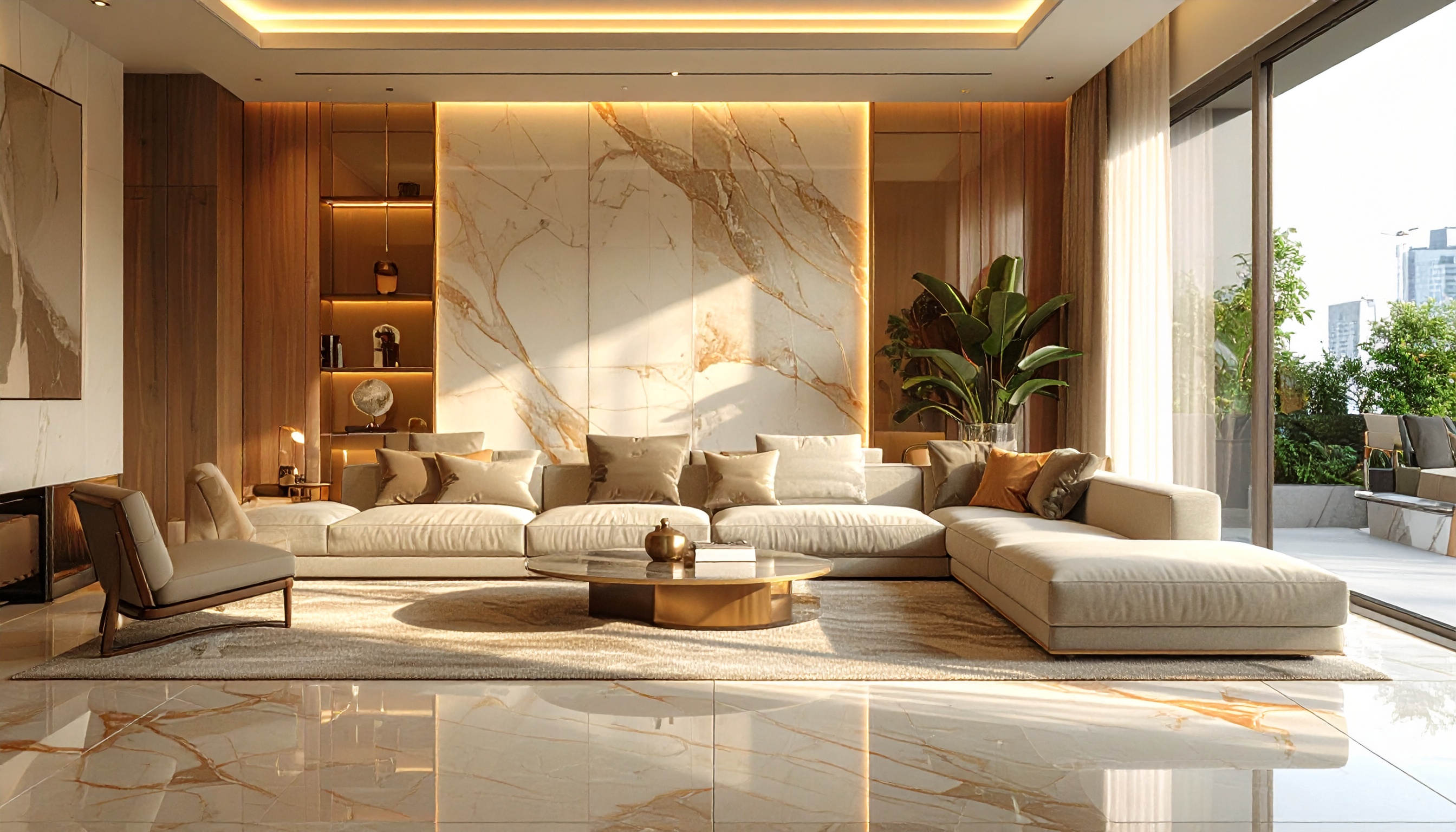 Sala de estar moderna e elegante com sofá em L creme, mesa de centro dourada e iluminação suave. Parede de mármore com iluminação embutida, plantas decorativas e pisos brilhantes criam uma atmosfera sofisticada. Grande janela envidraçada oferece vista para o jardim, proporcionando luz natural abundante.